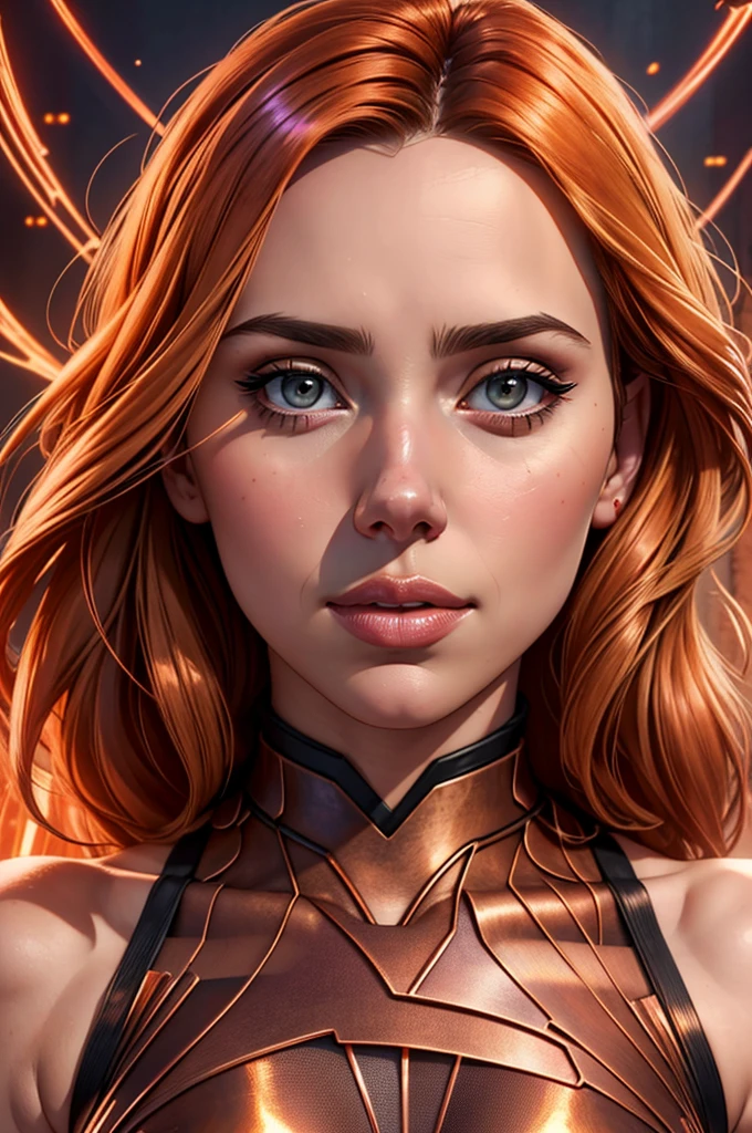 A beautiful women with copper wires for hair. Wearing a dress made of copper wires.This stunning beauty is a merge of Alison Brie, Scarlett Johansson, and Dove Cameron, with a symmetrical face rendered in photorealistic quality. The overall artwork is a masterpiece in 8K high resolution, top-quality,
