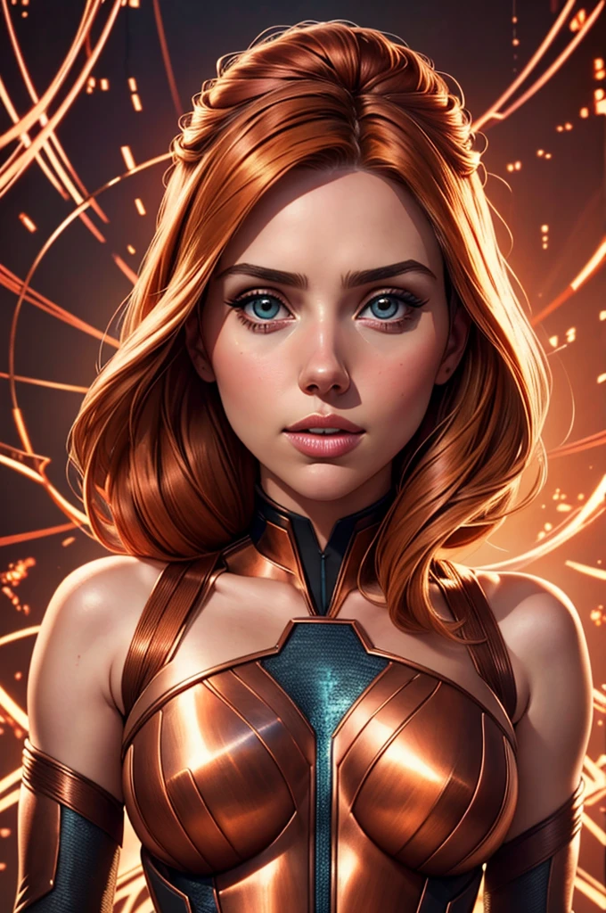 A beautiful women with copper wires for hair. Wearing a dress made of copper wires.This stunning beauty is a merge of Alison Brie, Scarlett Johansson, and Dove Cameron, with a symmetrical face rendered in photorealistic quality. The overall artwork is a masterpiece in 8K high resolution, top-quality,
