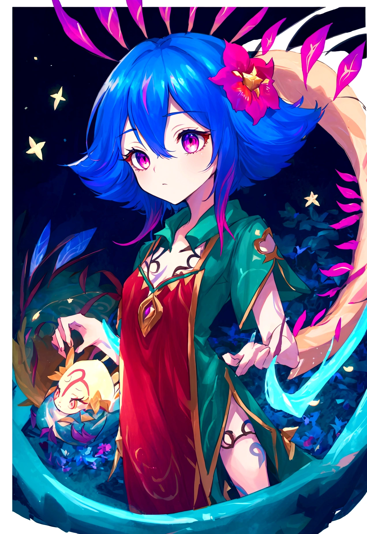 1 neeko,Alone,wide,He drowned,pink eyes,half closed eyes,small breasts,inclinación of cabeza,comforter,flower_of_Lapland_uniform,tied_shirt,Shooting Star,cropped torso,