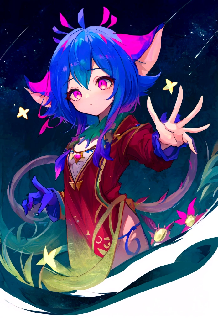 1 neeko,Alone,wide,He drowned,pink eyes,half closed eyes,small breasts,inclinación of cabeza,comforter,flower_of_Lapland_uniform,tied_shirt,Shooting Star,cropped torso,