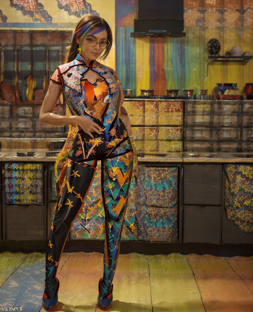 Black shot hair,(full body:1.5),(((only one girl)):1.4),(view the viewer:1.4),((anatomy correct):1.45),(((dancing in the kitchen room , Perfectly integrated background))):1.3),(she wears large glasses and Holding bra & pantie in her hand:1.2),(shy:1.15),((red cheongsam's set):1.2),(((((((patterns)))))) ,((thick pantyhose)):1.3),( Uniform high heels leather shoes with bows for female students:1.1),((Long legs and large chest):1.3),((((colorful))):1.4),(Accurate and perfect face:1.3),((black shot):1.2),hyper HD, Ray traching, reflective light, structurally correct, Award-Awarded, high detail, lighten shade contrast, Face lighting ,cinematic lighting, masterpiece, super detailing, high quality, high detail, best quality, 16k,High contrast,