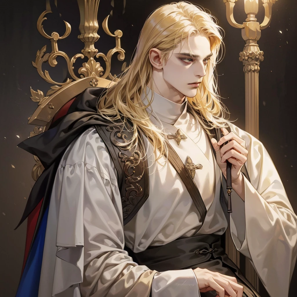 (old,priest-like,male face,detailed face,Ecclesiastical clothing,medieval time,religious works of art:1.1,dark background,rich colors,soft lighting) long hair, blonde hair, white robe