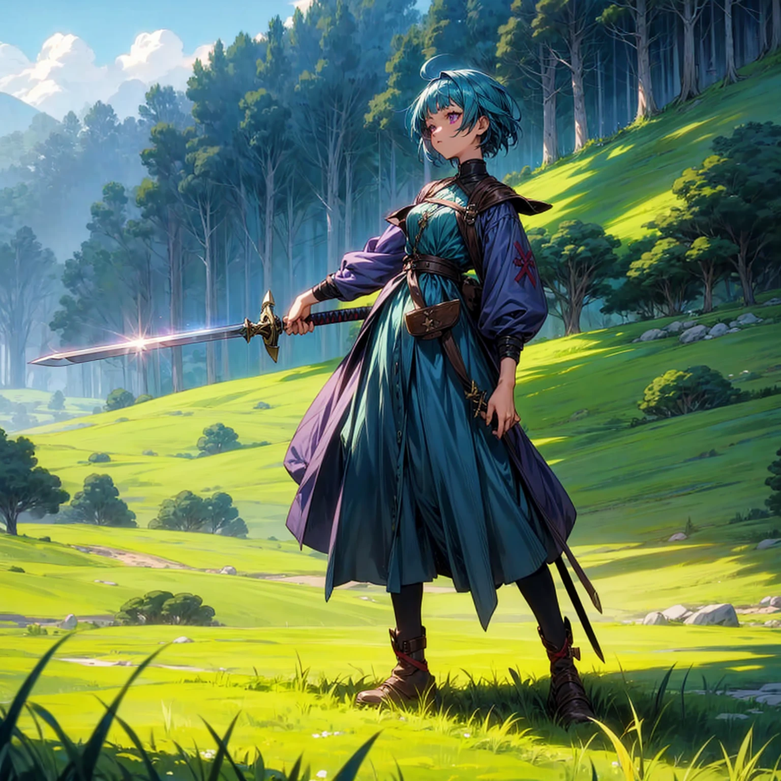 1girl, Full body version, 1character, adult version, purple eyes color, short haircut, blue colour hair, medieval girl style clothing, sword Wood in hand, Grassroots, background in green field, motion blur, (Hunter x Hunter style)