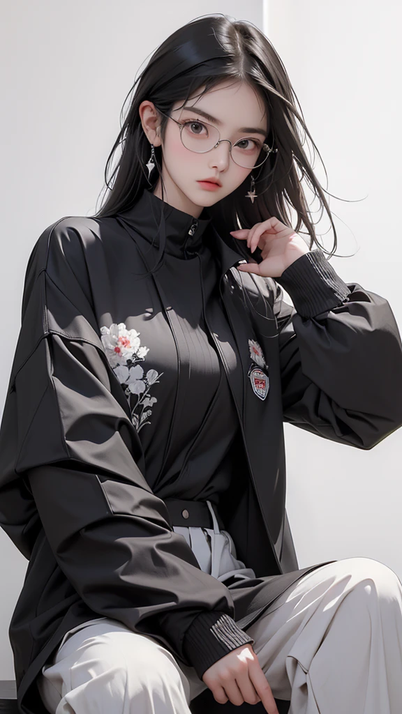 (Highest quality:1.2)。One Woman。Glasses。Angry expression。(Wearing a black jacket)。(sitting)。The background is a white。(the word SELA is written on his jacket )
