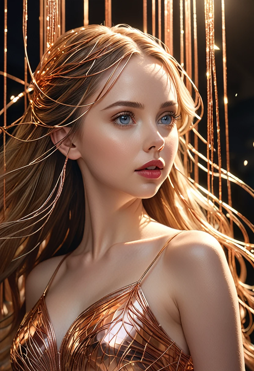 A stunning woman with hair made of intricate copper wires, cascading down like a metallic waterfall. She wears a dress fashioned from delicate, interwoven copper wires, glinting under the light. Her visage is a mesmerizing blend of Alison Brie, Scarlett Johansson, and Dove Cameron, creating a unique, symmetrical face that exudes elegance and grace. The entire scene is rendered in photorealistic quality, capturing every fine detail with stunning clarity. The overall artwork is a masterpiece, presented in 8K high resolution, showcasing the top-quality craftsmanship and artistic vision.