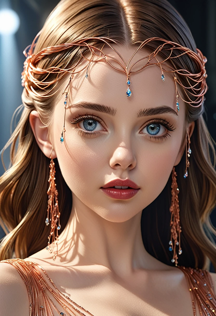 A stunning woman with hair made of intricate copper wires, cascading down like a metallic waterfall. She wears a dress fashioned from delicate, interwoven copper wires, glinting under the light. Her visage is a mesmerizing blend of Alison Brie, Scarlett Johansson, and Dove Cameron, creating a unique, symmetrical face that exudes elegance and grace. The entire scene is rendered in photorealistic quality, capturing every fine detail with stunning clarity. The overall artwork is a masterpiece, presented in 8K high resolution, showcasing the top-quality craftsmanship and artistic vision.
