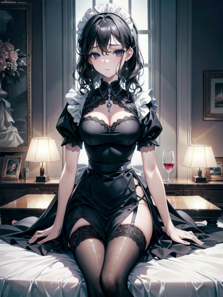 absurdres, RAW photo, extremely delicate and beautiful, masterpiece, Best Quality, ultra high resolution, 32k, hyperrealistic, ultra-detailed, delicate facial features, beautiful detailed woman, tearful mole, earring, medium breasts, full body shot, medium hair, black hair, wavy hair, maid costume,