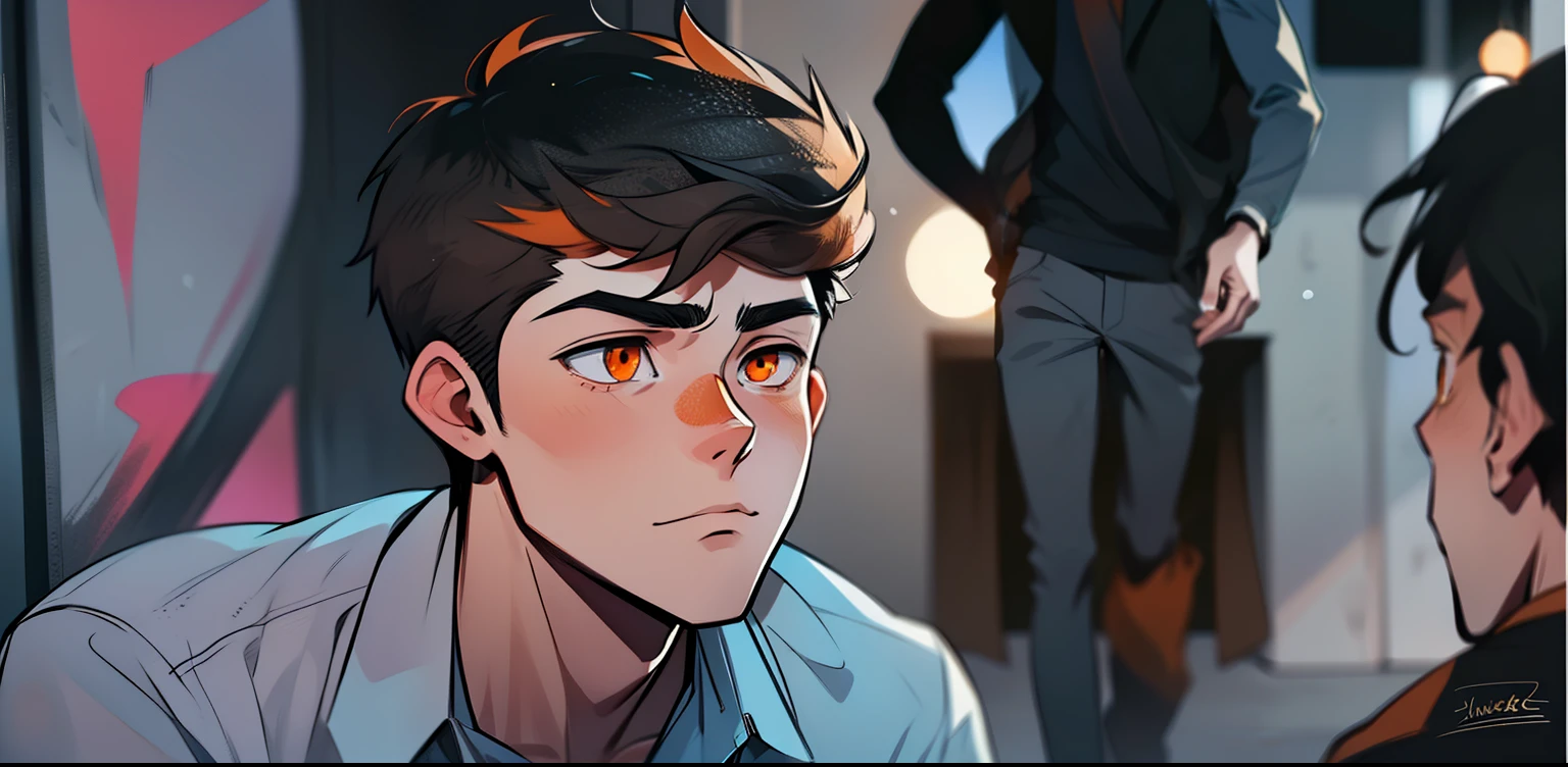 two young men of 18 years walk sad worried thoughtful through high school orange hair orange eyes