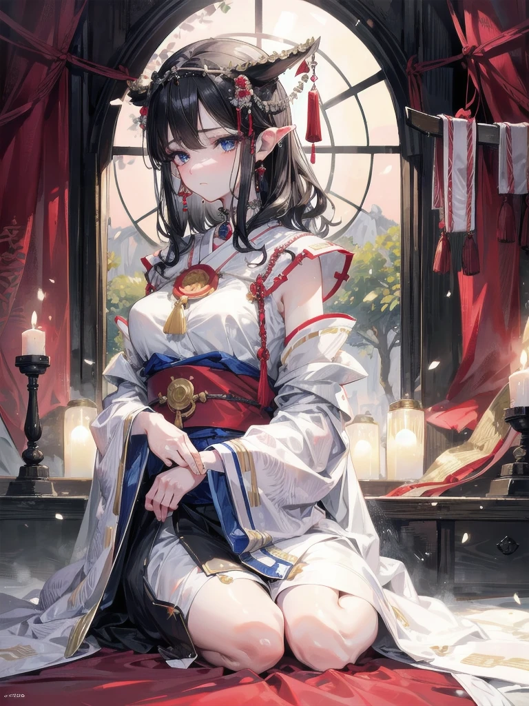 absurdres, RAW photo, extremely delicate and beautiful, masterpiece, Best Quality, ultra high resolution, 32k, hyperrealistic, ultra-detailed, delicate facial features, beautiful detailed woman, tearful mole, earring, medium breasts, full body shot, medium hair, black hair, wavy hair, (shrine maiden),