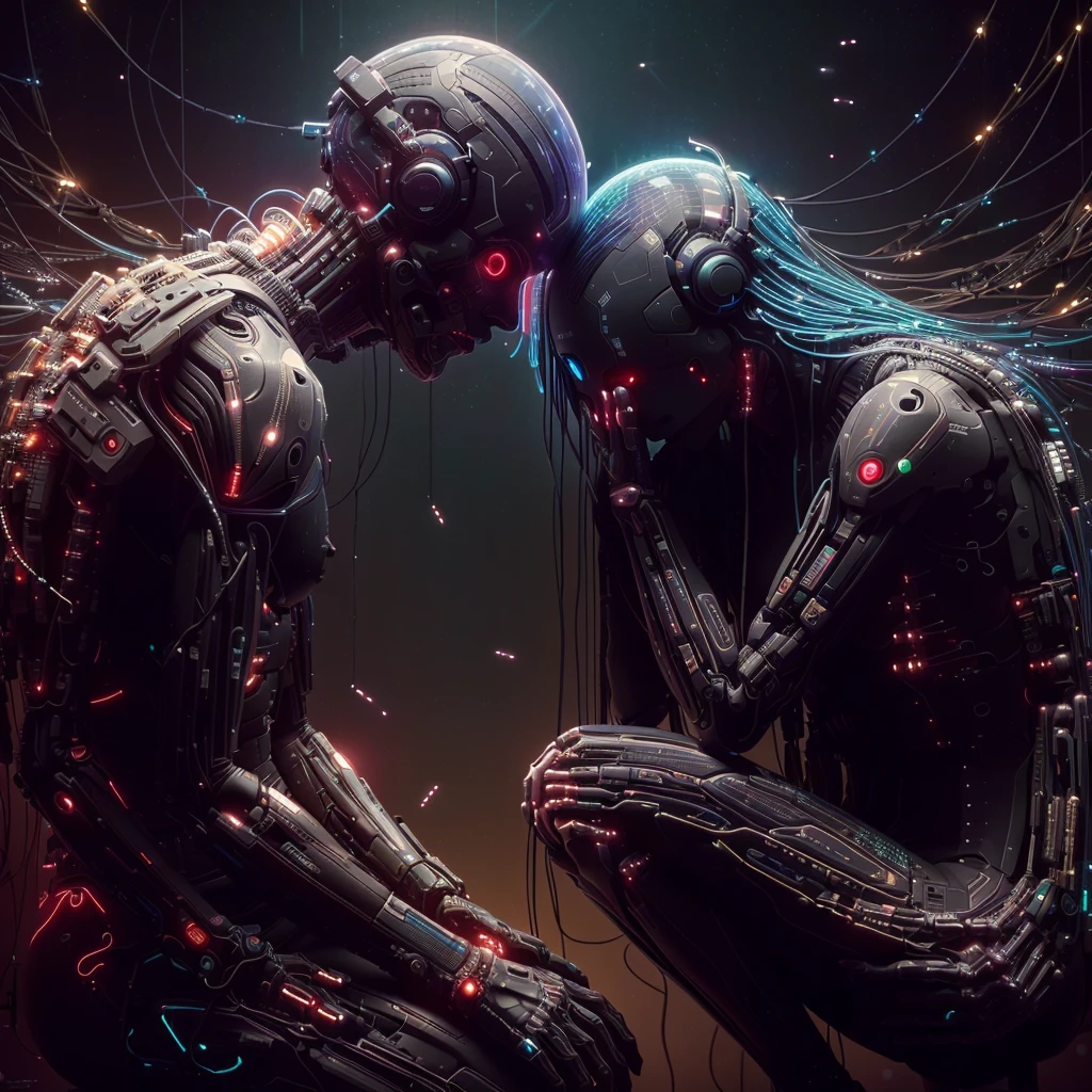 there are two people sitting together in the dark, complex cybernetic beings, arte conceitual emocional, por Beeple, interconnected human lifeforms, lights, planetes, 4K, 真实感