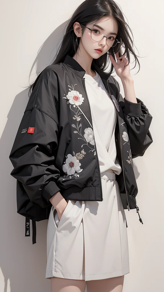 (Highest quality:1.2)。One Woman。Glasses。Angry expression。(Wearing a black jacket)。(standing)。The background is a white。(the word SELA is written on his jacket )