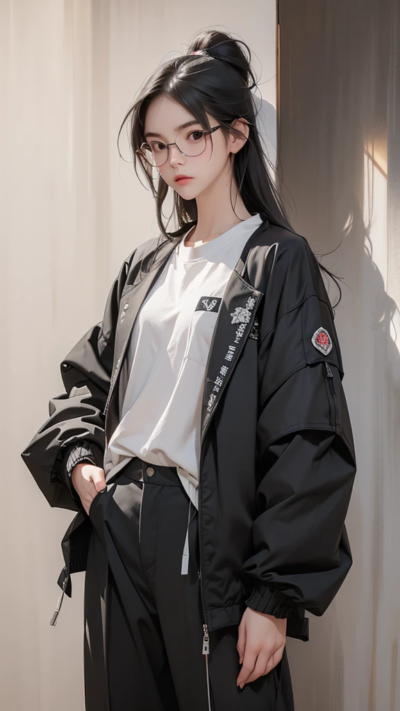 (Highest quality:1.2)。One Woman。Glasses。Angry expression。(Wearing a black jacket)。(standing)。The background is a white。(the word SELA is written on his jacket )