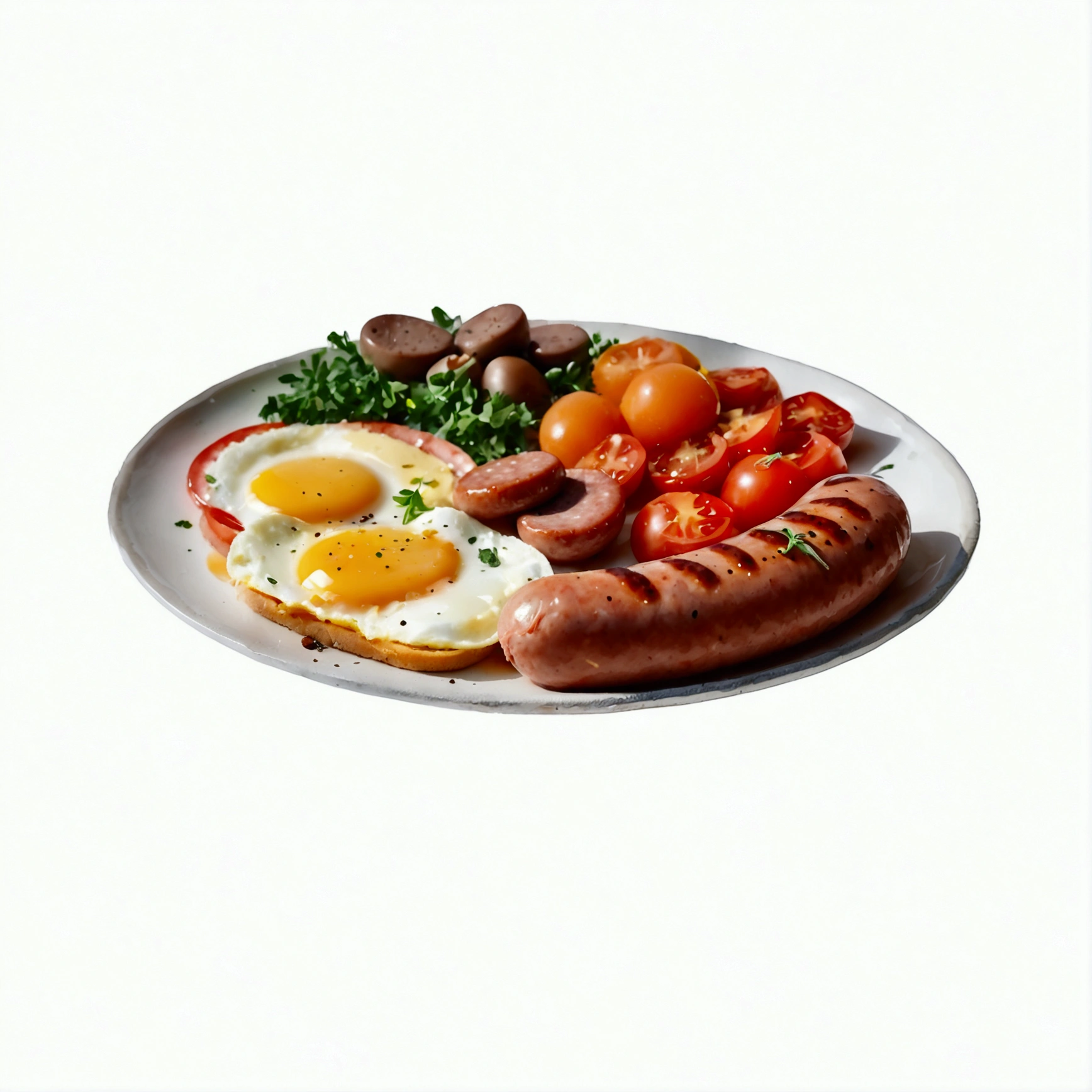 there is a plate of food with eggs, sausage, tomatoes and mushrooms, hearty breakfast, uk, radiant morning light, chorizo sausage, sunday, full plate, bright light masterpiece, high quality food photography, nugget and sausage on plate, natural soft light, sausages, ((watercolor)), a cup of coffee, an orange juice