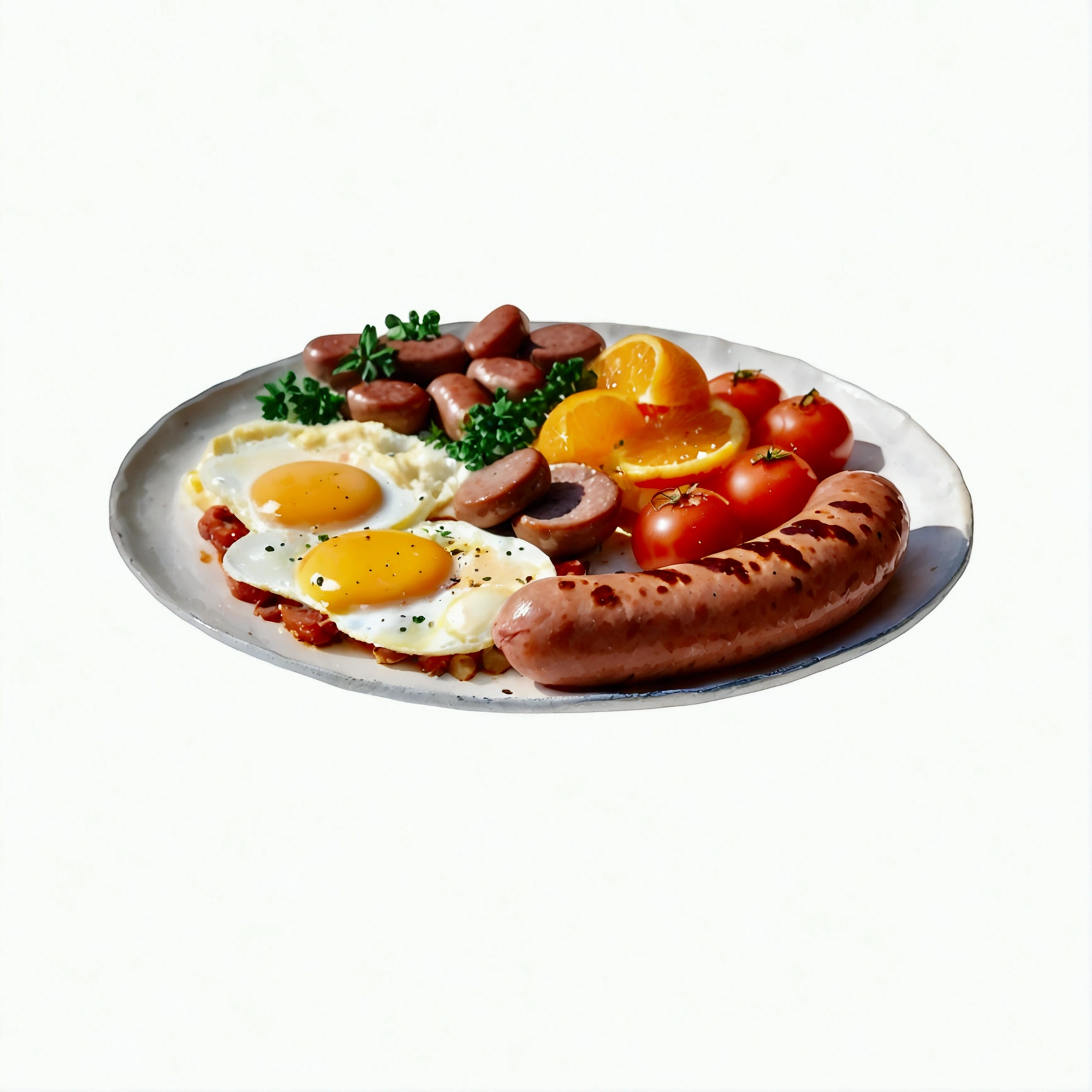 there is a plate of food with eggs, sausage, tomatoes and mushrooms, hearty breakfast, uk, radiant morning light, chorizo sausage, sunday, full plate, bright light masterpiece, high quality food photography, nugget and sausage on plate, natural soft light, sausages, ((watercolor)), a cup of coffee, an orange juice