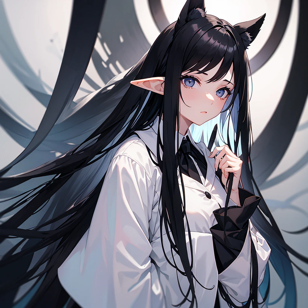Girl with long black hair, black eyes, elf ears, holding a giant sycthe in one hand, wearing a black and white suit 