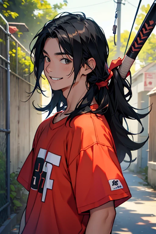 Long Hair、Black Hair、My hair grew down to my shoulders、Junior High School Boys、Coral T-shirt、smile、Upper Body、Baseball bat swing