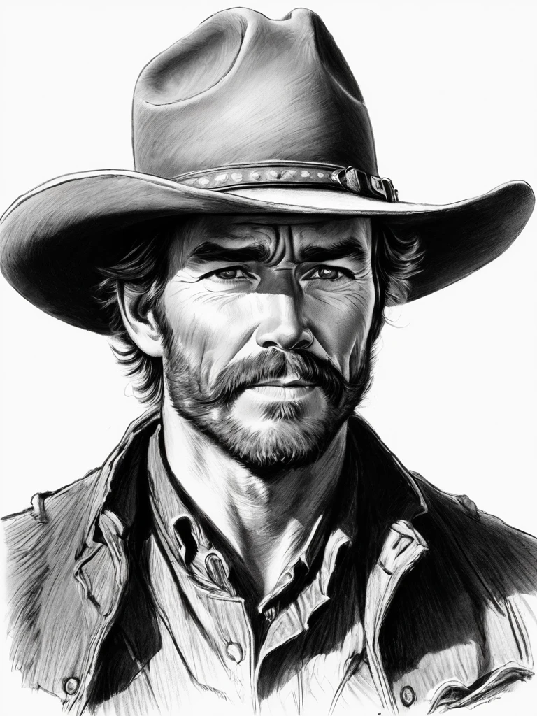 drawing of a man with a hat wearing a cowboy outfit, cowboy portrait, Portrait of a cowboy, portrait of a rugged ranger, professional sketch, artist sketch, cowboy portrait male, realistic sketch, portrait of a gunfighter from the old west, black and white portrait, pencil draw, scribble, coal