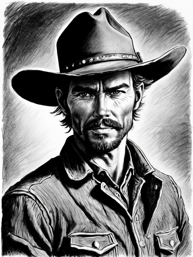drawing of a man with a hat wearing a cowboy outfit, cowboy portrait, Portrait of a cowboy, portrait of a rugged ranger, professional sketch, artist sketch, cowboy portrait male, realistic sketch, portrait of a gunfighter from the old west, black and white portrait, pencil draw, scribble, coal