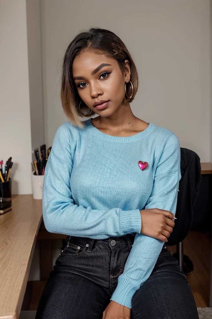 "Creates an image of a dark-skinned woman with a short blonde bob hairstyle. She has flawless makeup with well-defined eyebrows, strong black eyeliner, voluminous eyelashes, and shiny pink lips. She is wearing a cherry-shaped earring The scene is lit softly and subtly, highlighting the details of her makeup and hair. She is dressed in a blue sweater and black jeans, sitting at her desk. desk with a laptop."