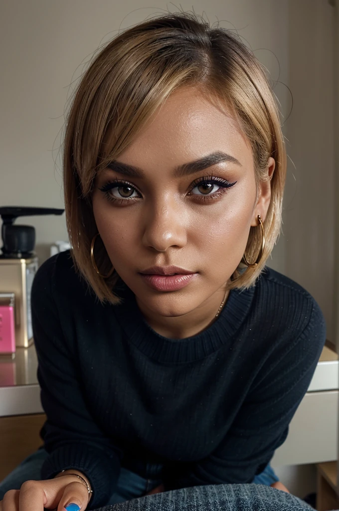 "Creates an image of a dark-skinned woman with a short blonde bob hairstyle. She has flawless makeup with well-defined eyebrows, strong black eyeliner, voluminous eyelashes, and shiny pink lips. She is wearing a cherry-shaped earring The scene is lit softly and subtly, highlighting the details of her makeup and hair. She is dressed in a blue sweater and black jeans, sitting at her desk. desk with a laptop."