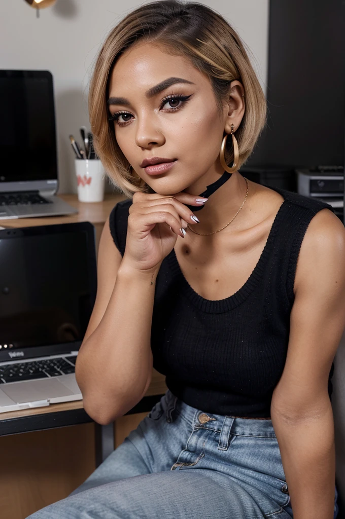 "Creates an image of a dark-skinned woman with a short blonde bob hairstyle. She has flawless makeup with well-defined eyebrows, strong black eyeliner, voluminous eyelashes, and shiny pink lips. She is wearing a cherry-shaped earring The scene is lit softly and subtly, highlighting the details of her makeup and hair. She is dressed in a blue sweater and black jeans, sitting at her desk. desk with a laptop."