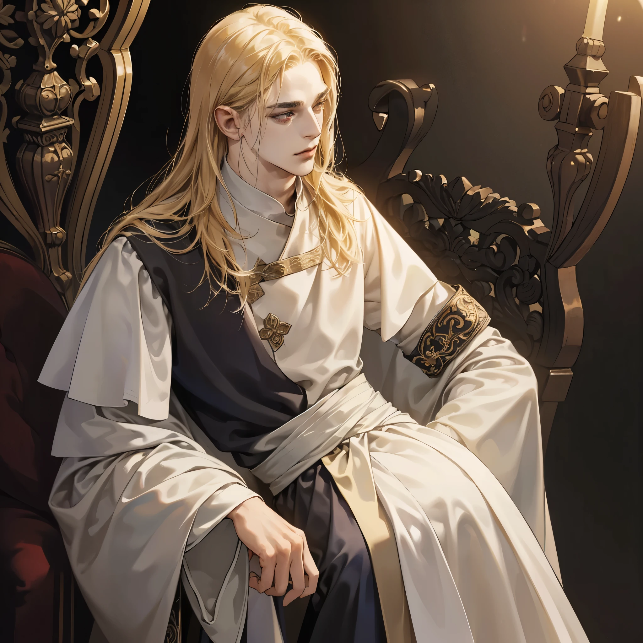 (old,priest-like,male face,detailed face,Ecclesiastical clothing,medieval time,religious works of art:1.1,dark background,rich colors,soft lighting) long hair, blonde hair, white robe