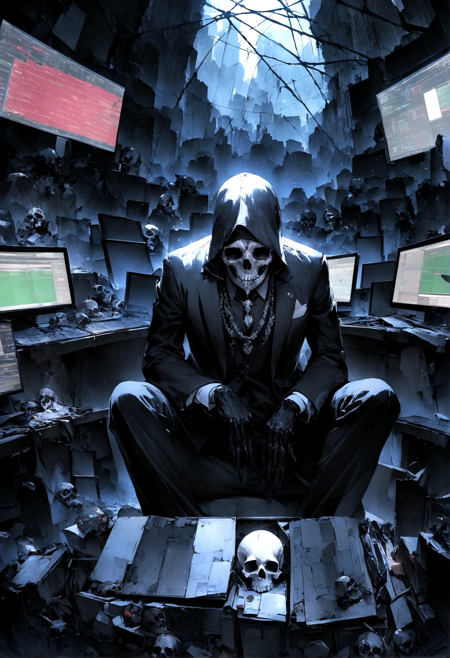 "An evil skull day trader sitting in front of several computers trading in the financial market on the mt5 platform, high quality image. Add the text to the image "Eder Santo Professional trader investments the terror in the financial market"