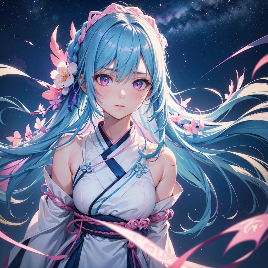 Sky blue hair, Braided Ponytail,(Pink Eyes),Fair skin ,(whole body),(One girl),Hanfu,Tanabata,(The beautiful, sparkling Milky Way in the night sky),Hollow Eyes,Straight bangs,(masterpiece, Highest quality, Very detailed, Best Shadow), (Detailed Background), (Beautifully detailed face), High Contrast, (Best lighting, Very delicate and beautiful), ((Cinematic Light)), colorful, Hyper Detail, Dramatic Light, Intricate details,