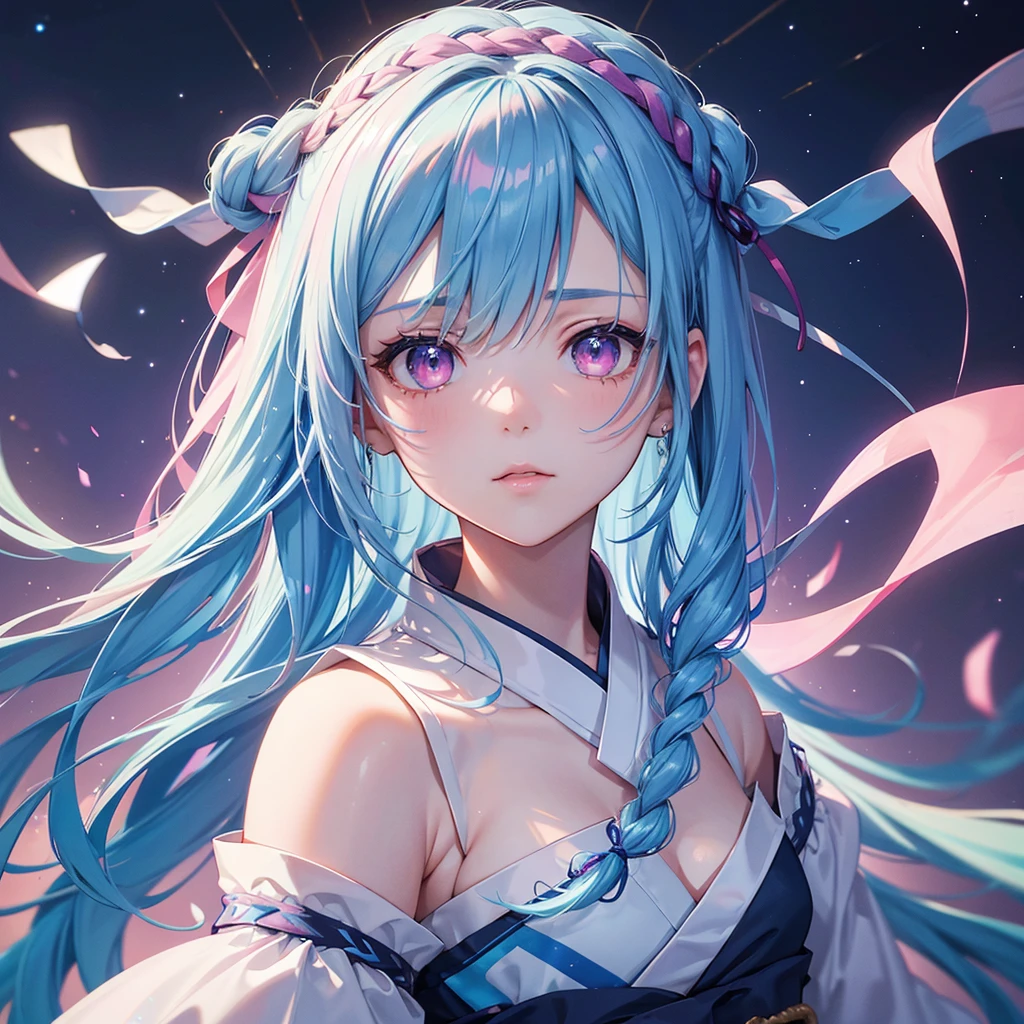 Sky blue hair, Braided Ponytail,(Pink Eyes),Fair skin ,(whole body),(One girl),Hanfu,Tanabata,(The beautiful, sparkling Milky Way in the night sky),Hollow Eyes,Straight bangs,(masterpiece, Highest quality, Very detailed, Best Shadow), (Detailed Background), (Beautifully detailed face), High Contrast, (Best lighting, Very delicate and beautiful), ((Cinematic Light)), colorful, Hyper Detail, Dramatic Light, Intricate details,