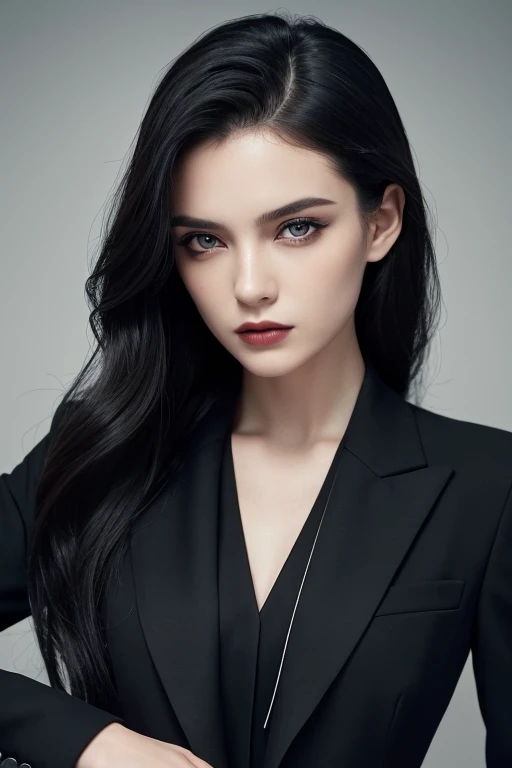 elegant woman in black suit striking pose, beautiful detailed face, detailed eyes and lips, androgynous, topless suit jacket, aristocratic black suit, androgynous person, woman in black suit, girl in suit, modern black outfit, androgynous youth portrait, fashion portrait photography, woman in black business suit, fashionable suit, attractive androgynous humanoid