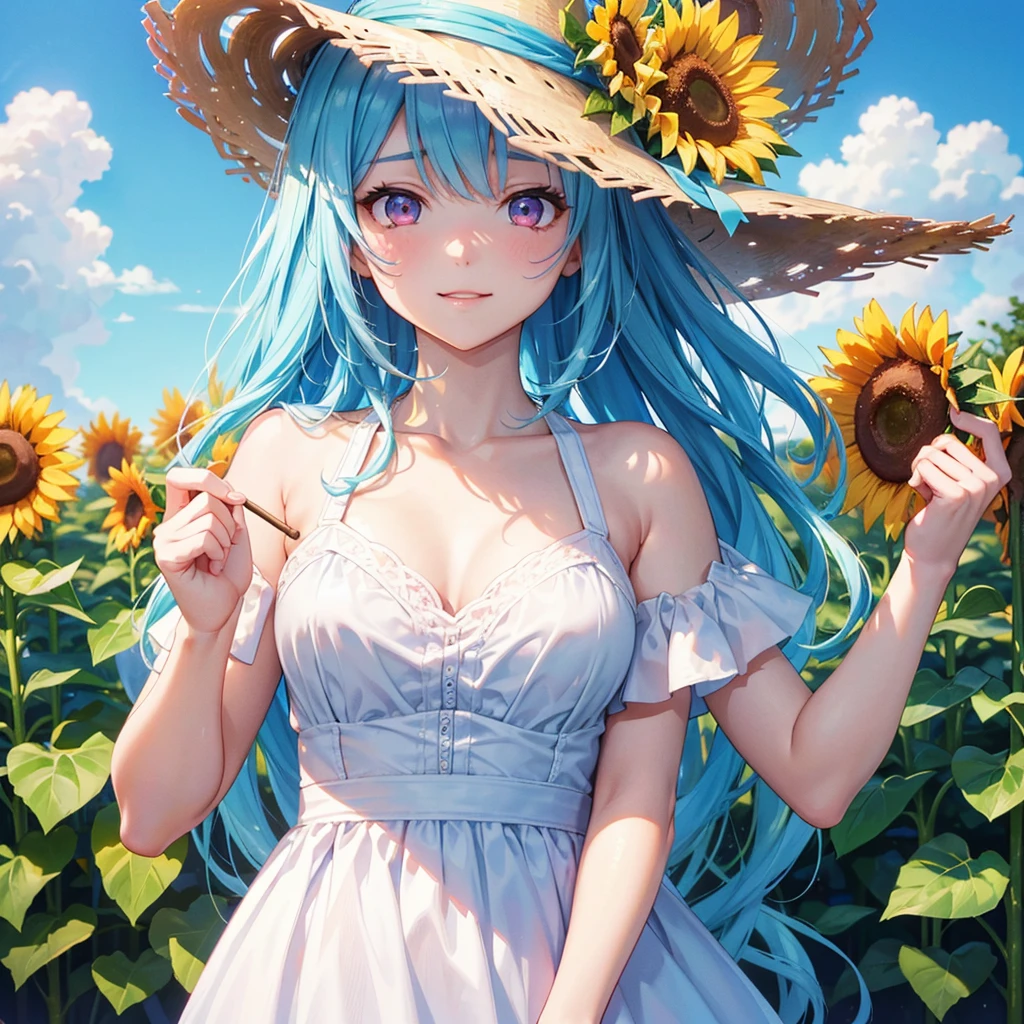 Sky blue hair, Braided Ponytail,(Pink Eyes),Fair skin ,(whole body),(One girl),summer,Sunflower field,White dress,Straight bangs,Happy smile,Straw hat,(masterpiece, Highest quality, Very detailed, Best Shadow), (Detailed Background), (Beautifully detailed face), High Contrast, (Best lighting, Very delicate and beautiful), ((Cinematic Light)), colorful, Hyper Detail, Dramatic Light, Intricate details,summerの暑い日差し,