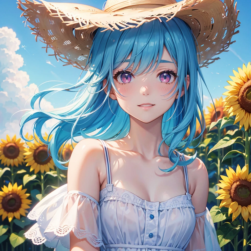 Sky blue hair, Braided Ponytail,(Pink Eyes),Fair skin ,(whole body),(One girl),summer,Sunflower field,White dress,Straight bangs,Happy smile,Straw hat,(masterpiece, Highest quality, Very detailed, Best Shadow), (Detailed Background), (Beautifully detailed face), High Contrast, (Best lighting, Very delicate and beautiful), ((Cinematic Light)), colorful, Hyper Detail, Dramatic Light, Intricate details,summerの暑い日差し,