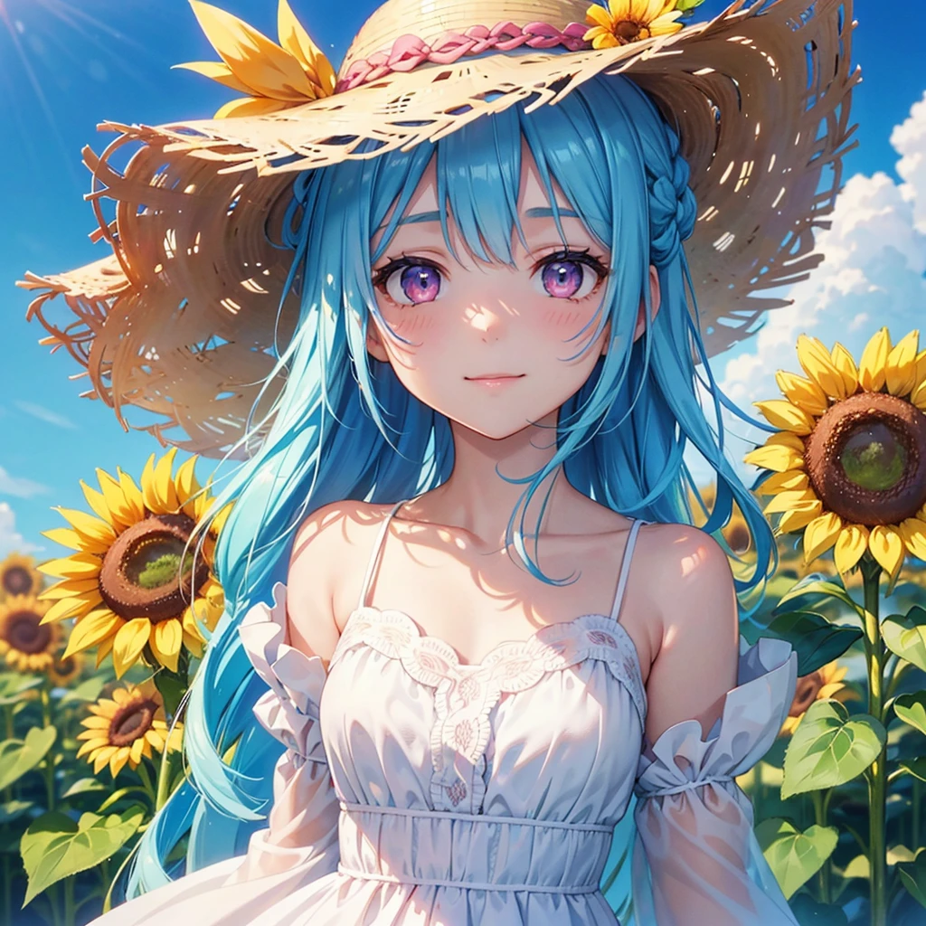 Sky blue hair, Braided Ponytail,(Pink Eyes),Fair skin ,(whole body),(One girl),summer,Sunflower field,White dress,Straight bangs,Happy smile,Straw hat,(masterpiece, Highest quality, Very detailed, Best Shadow), (Detailed Background), (Beautifully detailed face), High Contrast, (Best lighting, Very delicate and beautiful), ((Cinematic Light)), colorful, Hyper Detail, Dramatic Light, Intricate details,summerの暑い日差し,