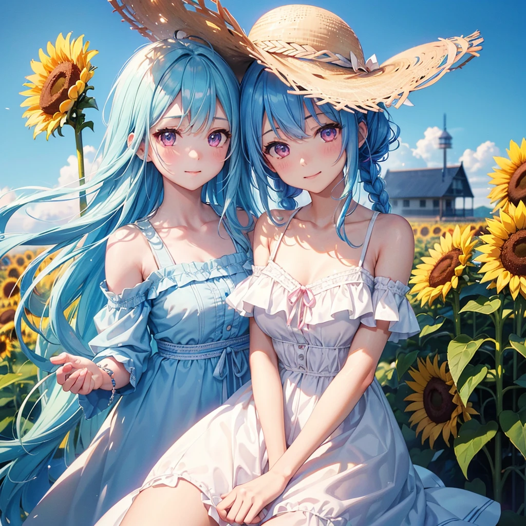 Sky blue hair, Braided Ponytail,(Pink Eyes),Fair skin ,(whole body),(One girl),summer,Sunflower field,White dress,Straight bangs,Happy smile,Straw hat,(masterpiece, Highest quality, Very detailed, Best Shadow), (Detailed Background), (Beautifully detailed face), High Contrast, (Best lighting, Very delicate and beautiful), ((Cinematic Light)), colorful, Hyper Detail, Dramatic Light, Intricate details,summerの暑い日差し,