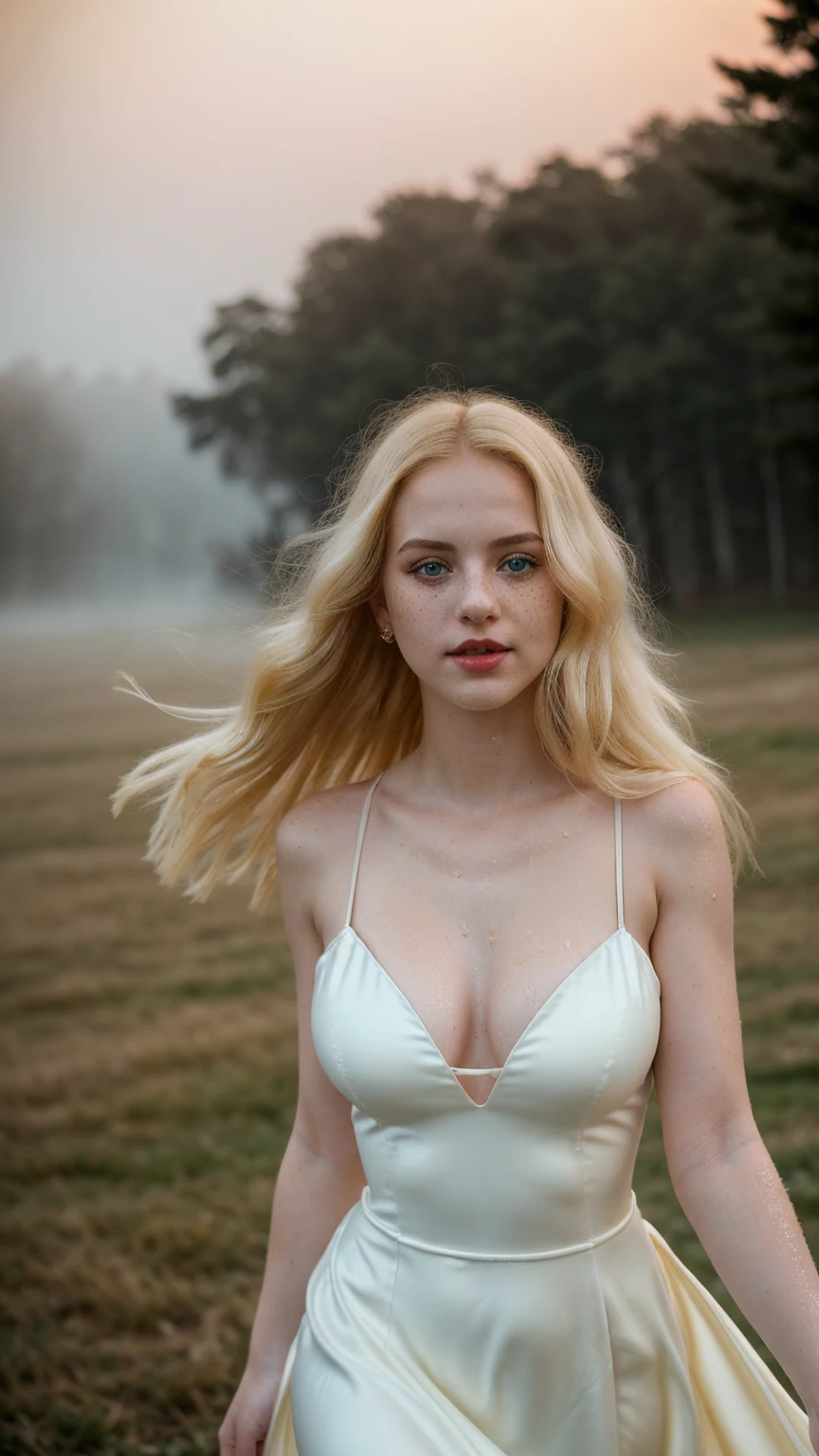 A mesmerizing double exposure photograph, a cinematic still featuring 2girls, curvy girls(large sagging breasts, thigh thicccs, wide hips), captured in high resolution 8K. The aesthetic photo showcases realism at its finest. Each curvy girl, adorned with freckles, heart-shaped lips(painted in bold pink, and wet, pouty expressions)-exudes a unique charm. Their emerald eyes contrast beautifully against their very pale, porcelain skin, glowing softly in the sunset. ((They are dressed in a dancer's attire is elegant and flowing, featuring a white /gold dress(with a high slit), and matching gloves)). tHeir outfit is designed for grace and movement. Appearance: She has long, wavy blonde hair and a joyful, expressive face. The photograph captures the cold and foggy night with its sad atmosphere, evoking a sense of impending oppression. The girls, each in various asymmetrical poses, are set against a background of soft focus and subtle haze, enhancing the quality of the image. The backlighting casts long shadows, adding a layer of horror movie effects to the scene. Their pale skin glows softly in the sunset, accentuating their bold pink lips and piercing blue eyes that seem to pierce through the darkness. The bokeh effect softens the focus, while the red, orange, and yellow color palette theme adds warmth to the overall composition. The Dutch angle/tilt of the camera creates a sense of disorientation and artistic tension, making the photograph an intriguing piece of fine art photography.