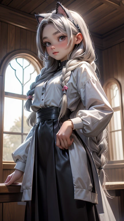 Full cos photo of girl（detail：1.4），( pretty girl:1.6),（in a panoramic view：1.2，full cosesbian：1.2） (:1.2) Filtering correct anatomy，Erotic, perfectly proportioned, adorable, Beautiful silky silver gray hair, hair with side braids, Cat&#39;s furry tail, maximum definition and sharpness,Eyes red,(beautiful and detailed eye:1.3),(very happy:1) face perfect, Beautiful hair jewelry, Masterpiece artwork de cocar em forma de gato, White Sheer Micro Mini Skirt Outfits with Ruffles, (Glossy clothing :1.2), (anthropo peludo:1.7)(((cos, Features of , Features of the furry lower cos animal ),look from below, spreading your little legs, Small legs and feet,, raised leg, white hairy silk pantyhose, furry feet cos animal, Jeweled Feet, high resolution、top-notch image quality、8K、Real live action、RAW photograph、maximum quality、Masterpiece artwork、tabletop 