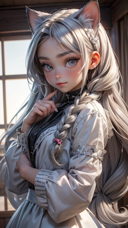 Full cos photo of girl(detail:1.4),(14 year old pretty girl:1.6),(in a panoramic view:1.2,full cosesbian:1.2) (:1.2) Filtering correct anatomy,Erotic, perfectly proportioned, adorable, Beautiful silky silver gray hair, hair with side braids, Cat's furry tail, maximum definition and sharpness,Eyes red,(beautiful and detailed eye:1.3),(very happy:1) face perfect, Beautiful hair jewelry, Masterpiece artwork de cocar em forma de gato, White Sheer Micro Mini Skirt Outfits with Ruffles, (Glossy clothing :1.2), (anthropo peludo:1.7)(((cos, Features of , Features of the furry lower cos animal ),look from below, spreading your little legs, Small legs and feet,, raised leg, white hairy silk pantyhose, furry feet cos animal, Jeweled Feet, high resolution、top-notch image quality、8K、Real live action、RAW photograph、maximum quality、Masterpiece artwork、tabletop