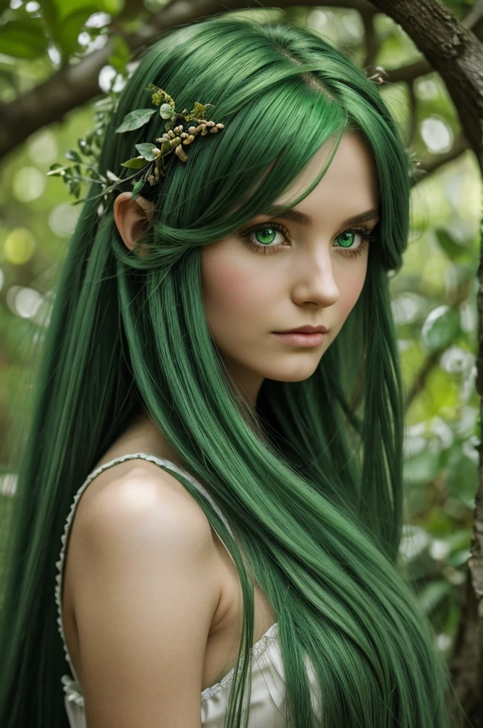 A dryad girl with long green hair and emerald eyes, sweet and meek