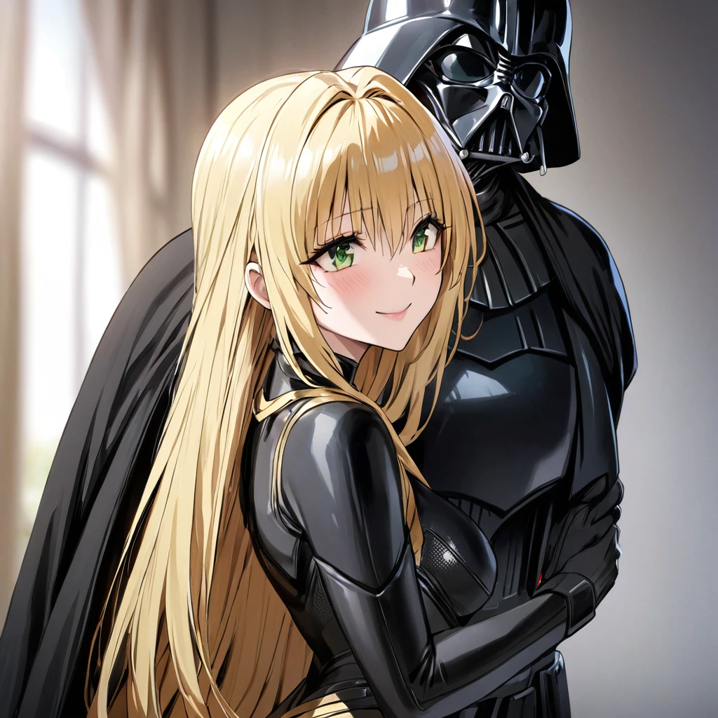 ((Highest quality)), ((masterpiece)), (detailed), (Perfect Face)、The woman is a Stormtrooper named Tiare, with green eyes, medium-length blonde hair, and is wearing a gorgeous black Stormtrooper bodysuit with gold patterns and trim, and a gorgeous black cape.、The woman loves Darth Vader and smiles sweetly at him as she leans against him, and Darth Vader holds the woman close.