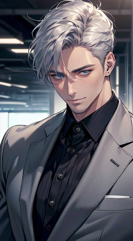 (best quality,4k,8k,highres,masterpiece:1.2),ultra-detailed,(realistic,photorealistic,photo-realistic:1.37),1 man,31 years old,mature man,very handsome,without expression,smile,short silver hair,blue eyes,penetrating gaze,perfect face without errors,imposing posture,businessman,office background,cinematic lighting,hdr image