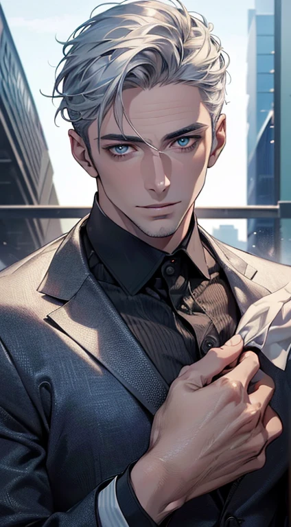 (best quality,4k,8k,highres,masterpiece:1.2),ultra-detailed,(realistic,photorealistic,photo-realistic:1.37),1 man,31 years old,mature man,very handsome,without expression,smile,short silver hair,blue eyes,penetrating gaze,perfect face without errors,imposing posture,businessman,office background,cinematic lighting,hdr image
