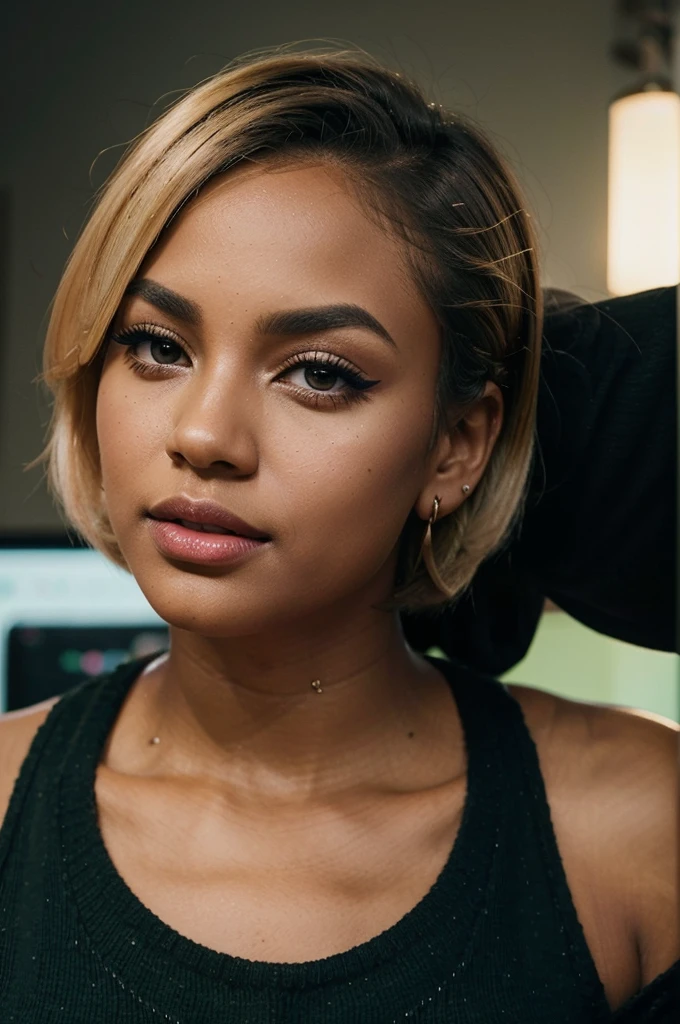 "Creates an image of a dark-skinned woman with a short blonde bob hairstyle. She has flawless makeup with well-defined eyebrows, strong black eyeliner, voluminous eyelashes, and shiny pink lips. She is wearing a cherry earring The scene is lit softly and subtly, highlighting the details of her makeup and hair. She is dressed in a green sweater and black pants, examining gadgets. in an electronics store."