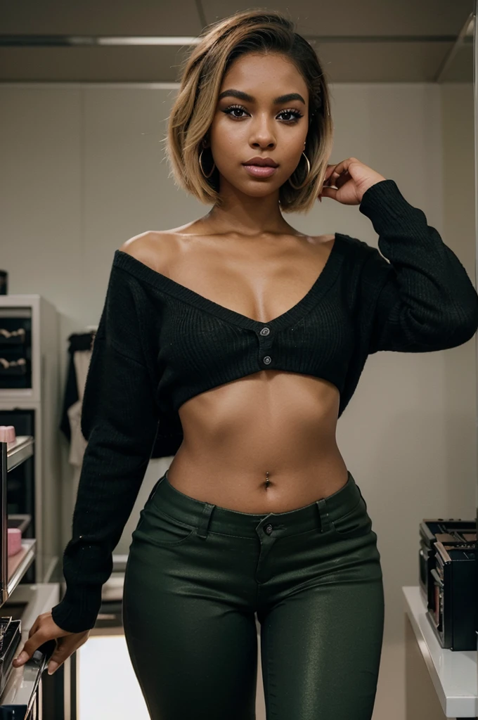 "Creates an image of a dark-skinned woman with a short blonde bob hairstyle. She has flawless makeup with well-defined eyebrows, strong black eyeliner, voluminous eyelashes, and shiny pink lips. She is wearing a cherry earring The scene is lit softly and subtly, highlighting the details of her makeup and hair. She is dressed in a green sweater and black pants, examining gadgets. in an electronics store."