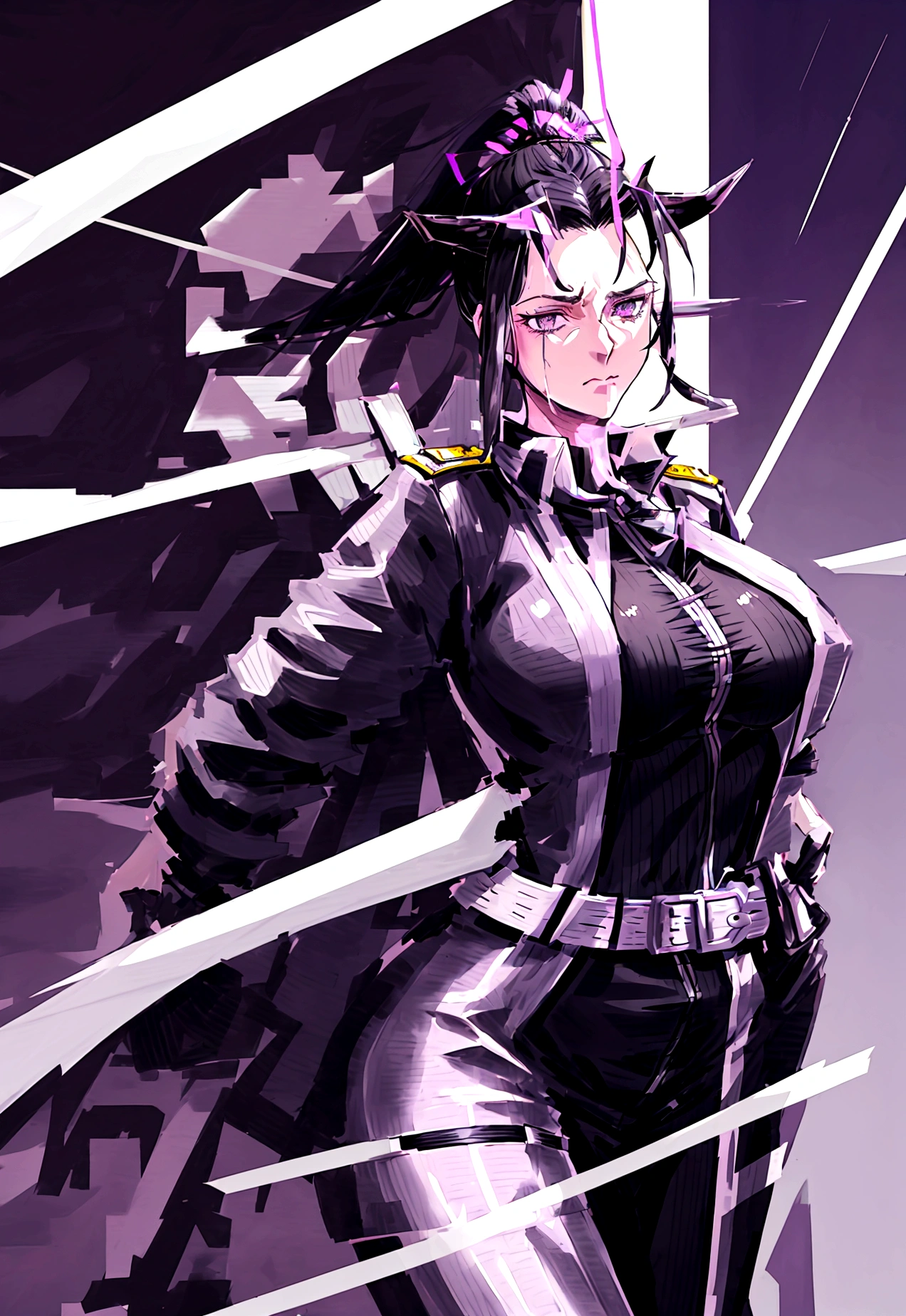 Tall mature woman, indifferent cold expression, purple and gray eyes, black hair gathered in a high ponytail, open bodysuit outfit, marshal's uniform, belts, white and black clothes, goddess, divine light, pale complexion, goddess, dragon horns and tail, middle strong physique, light lipstick