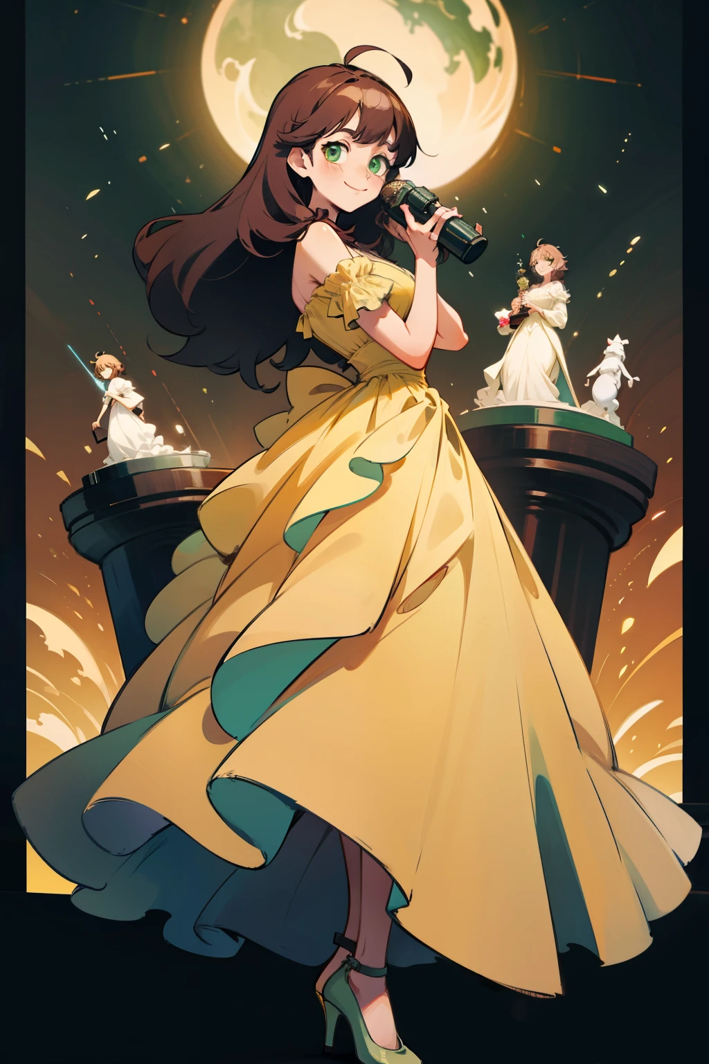 anime female character, brown hair, long hair, messy hair, green eyes, a yellow gothic dress, long dress, frills, smile, elegant pose. black heels., bangs, anime, masterpiece, anatomically correct, super detail, high quality, best quality, award winning, highres, 1080P, HD, 4K, 8k, 16k