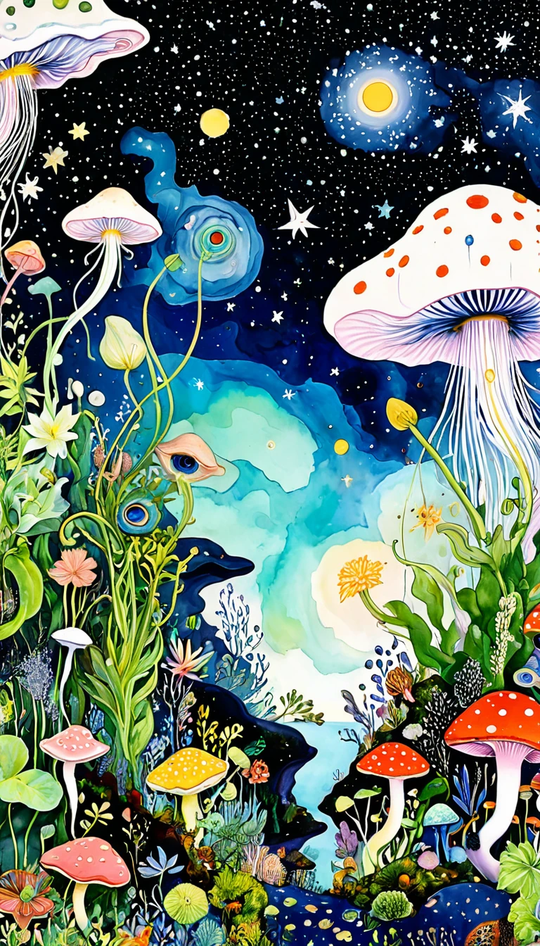 Eye on Fungus、microorganism、plant、Marine life、Eye、Starry Sky,An abstract painting at the joint,Describing the inner world of autistic people,Sense of space,White Space,Psychedelic Art