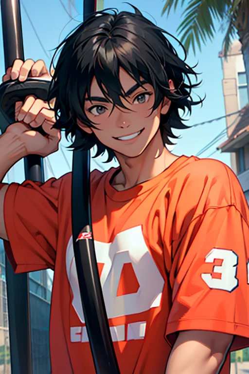 "A middle school boy with long, black hair that reaches his shoulders, wearing a coral T-shirt, smiling, upper body, swinging a baseball bat."