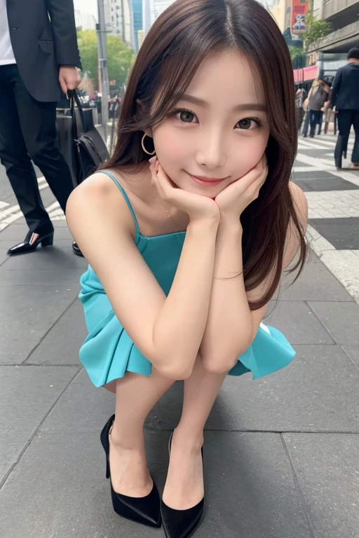 One female、High-quality images、Full body image、Beautiful thighs、Korean women、Looking down on men、A mocking smile、High heels、The feeling of seeing a slave、Beautiful eyes、Viewer low angle