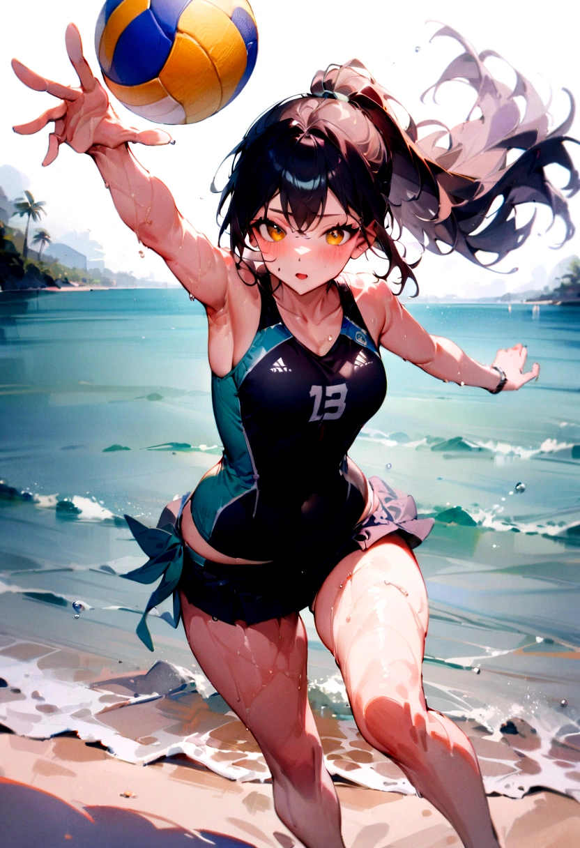 1girl, Beach Volleyball, watercolor painting of a volleyball, in the water on a beach, soft multilayered, perfect composition, complementary colors, fine details, masterpiece, best quality, very aesthetic, absurdres
