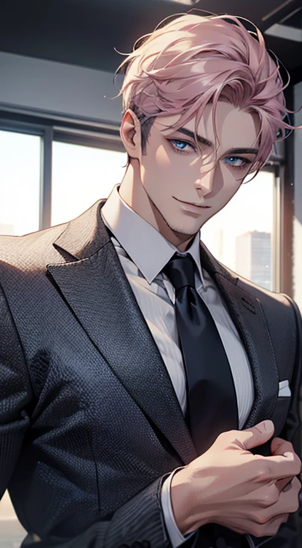 (best quality,4k,8k,highres,masterpiece:1.2),ultra-detailed,(realistic,photorealistic,photo-realistic:1.37),1 man,31 years old,mature man,very handsome,without expression smile in love, short grey pink hair,blue eyes,penetrating gaze,perfect face without errors,imposing posture,businessman,office background,cinematic lighting,hdr image